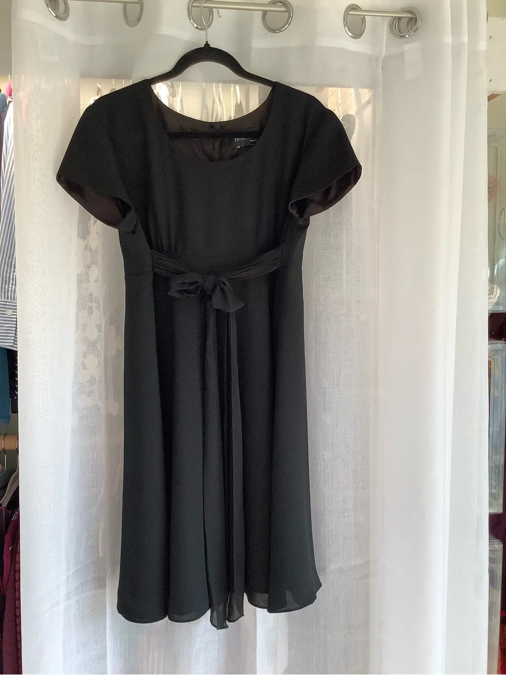 Nicole Miller Black Short-Sleeve Midi Dress with Waist Tie - Picture 1 of 4